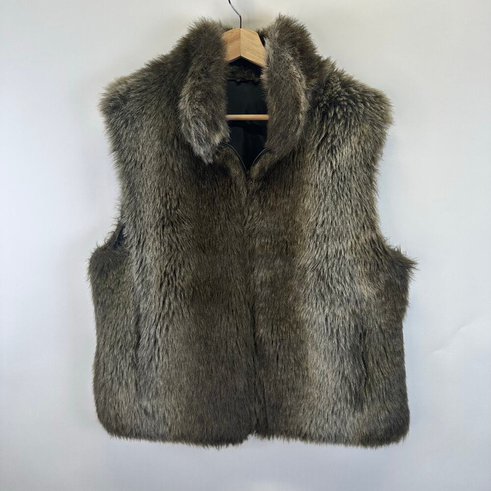 Blassport Faux Fur Brown and Gray Fully Lined Zip Up Vest Womens Large Trendy